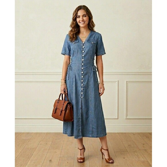 Dresses & Skirts - VTG DJ Int’l Denim Midi Dress Size 5/6 Lace Up Corset Sides Button Front 90s Y2K
